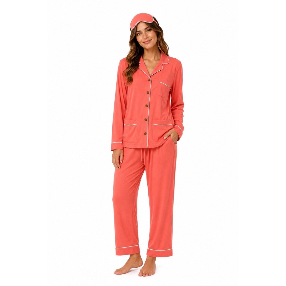 Patiini Pajama Set Long Sleeve Top & Pants Eye mask Med Coral Bamboo Cotton